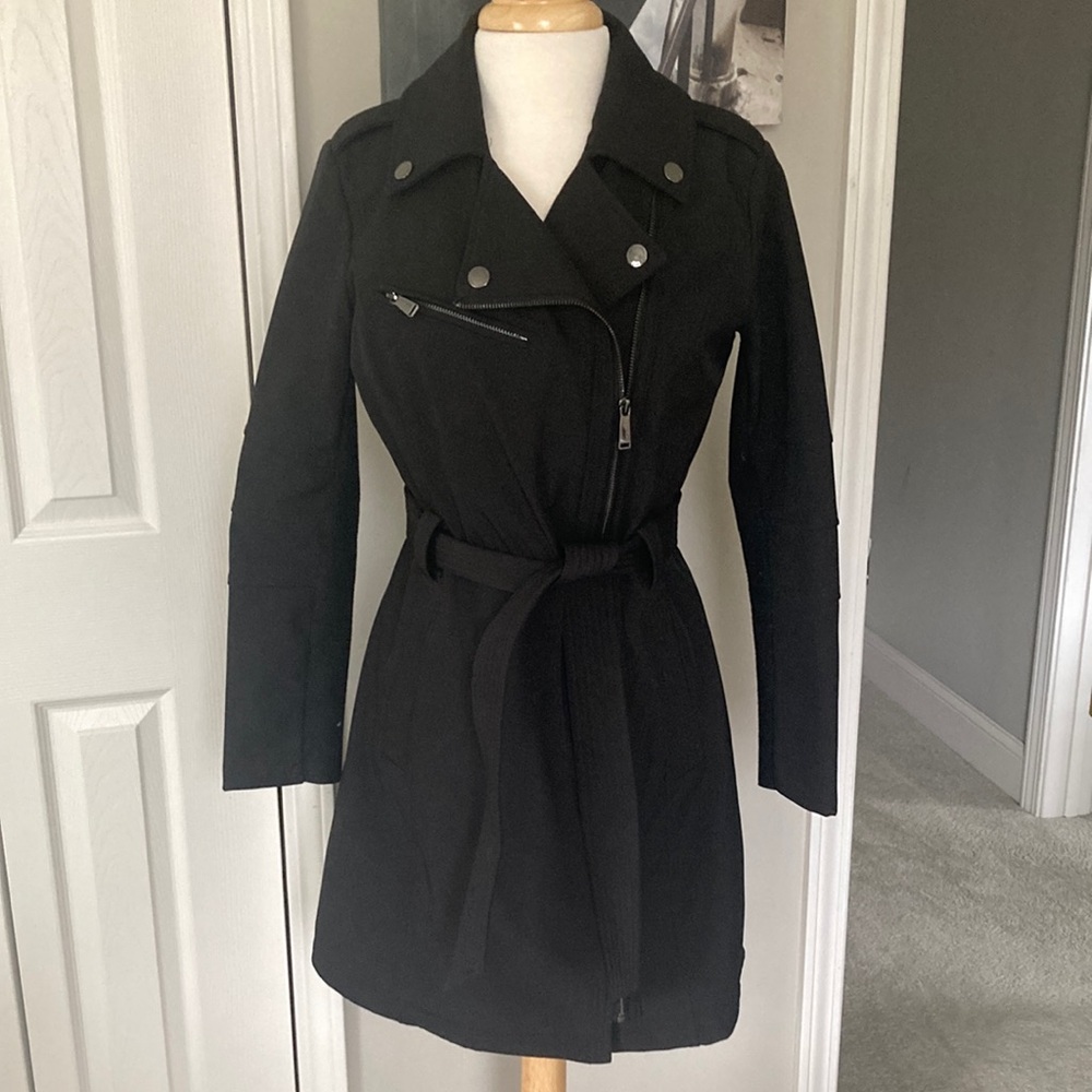 Black Belted Asymmetric Zip Women's Trench Coat